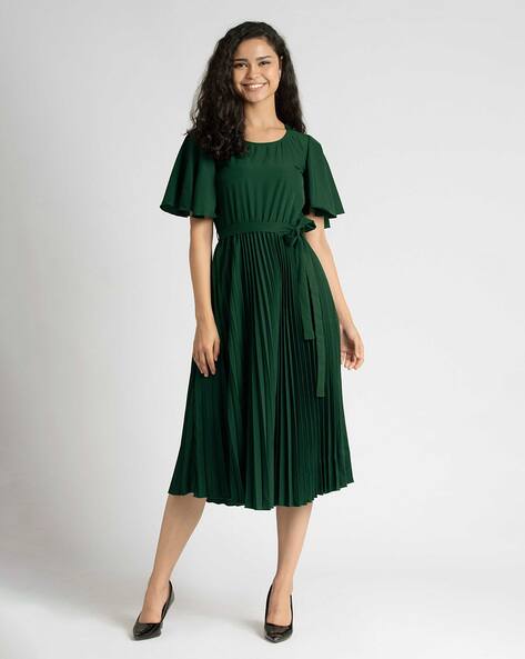 Women Pleated Fit Flare Dress with Waist Tie-Up