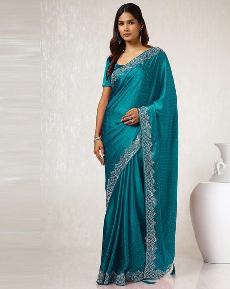 Women Embroidered Saree with Scalloped Border