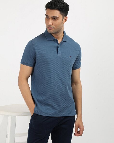 Men Waffle-Knit Regular Fit Organic Cotton Polo T-Shirt