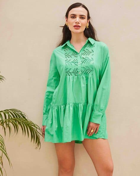arrange cotton floral embroidered plunge midi dress in buttermilk Buy Pine Green Warm Cotton Frilled Midi Yoke Dress Online at SeamsFriendly main image 1