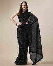 Satrani Damen Georgette Saree Mit Sequenzarbeit – Schwarz, Inklusive Ungesäumtem Blusenteil, Für Festliche & Alltägliche Anlässe