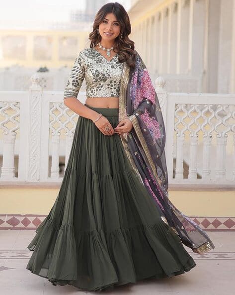 Women Embroidered Flared Lehenga Choli Set with Dupatta - Main Image