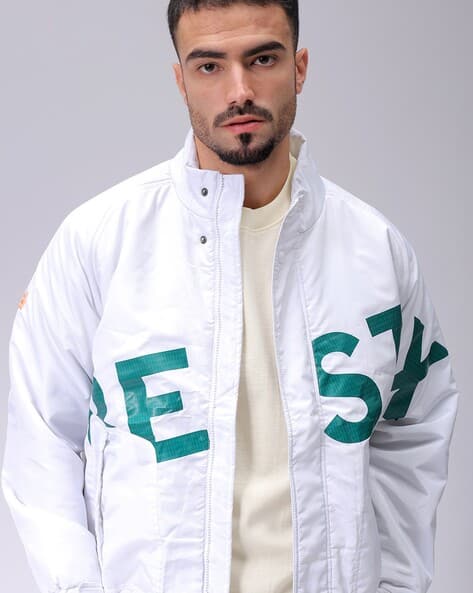 Men Typographic Print Slim Fit Winter Jacket