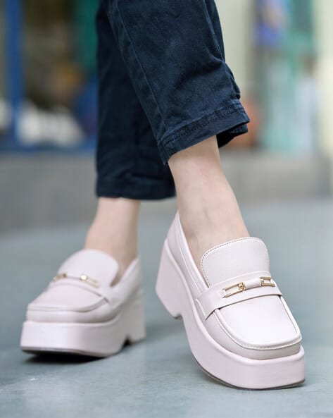 Women Square-Toe Wedge Heeled Shoes with Metal Accent