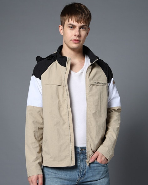 Men Coloublock Regular Fit Zip-Front Hooded Jacket