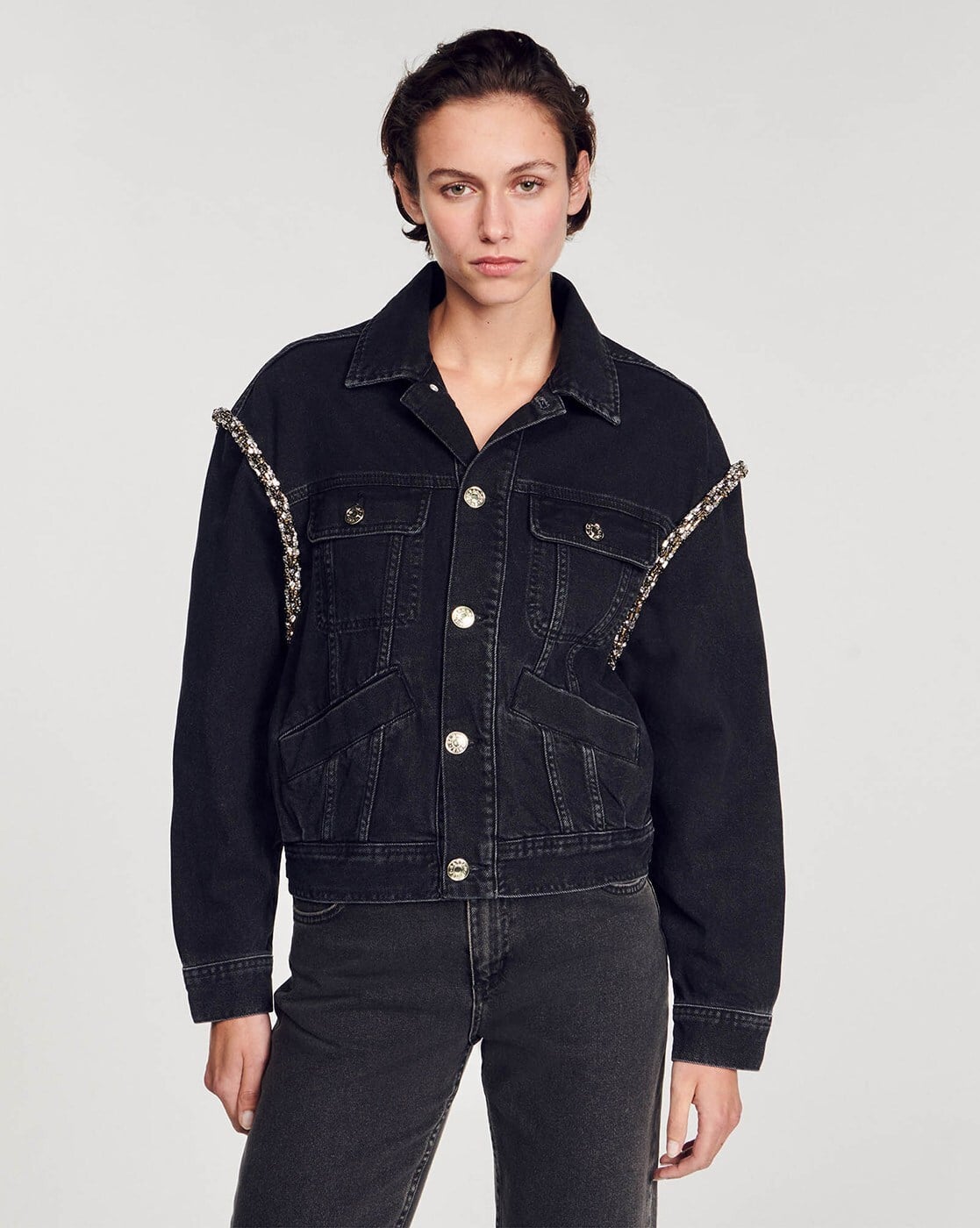 Buy Sandro Oversized Denim Jacket with Rhinestones | Black
