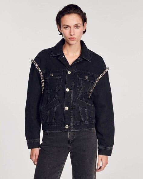 Buy Sandro Oversized Denim Jacket with Rhinestones Black Color
