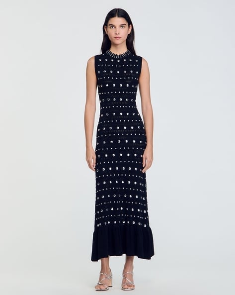Buy Sandro Knit Maxi Dress with Studs | Black Color Women | AJIO LUXE