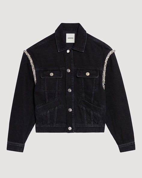 Buy Sandro Oversized Denim Jacket with Rhinestones Black Color