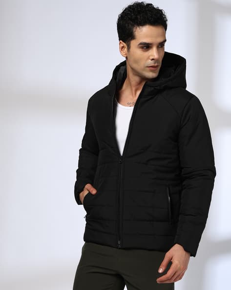 Men Quilted Regular Fit Zip-Front Hooded Jacket