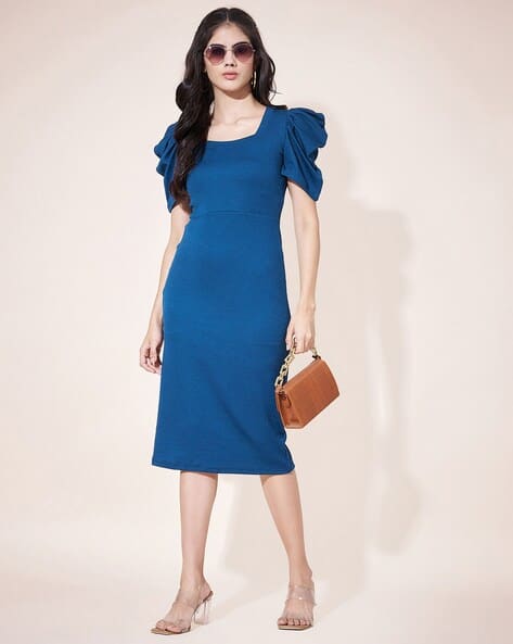 Women Ribbed Square-Neck Bodycon Dress