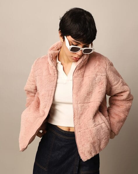 Women Zip-Front Fur Bomber Jacket