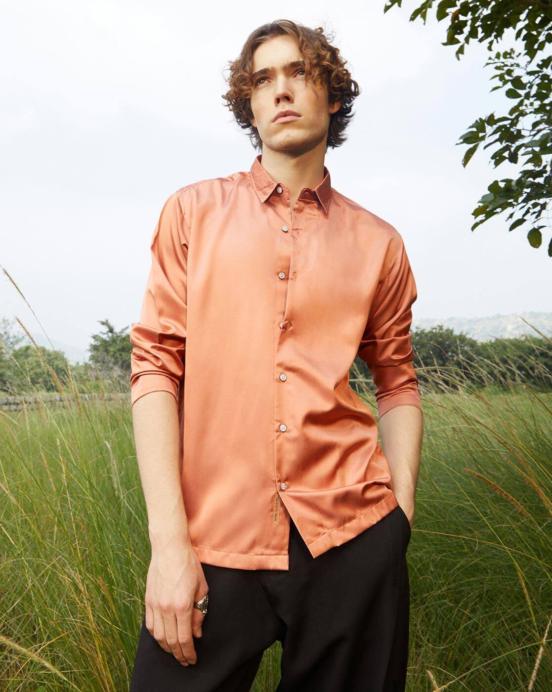 orange dress shirt what color pants Indochino Men's Custom Glynn Brushed Melange Rust Casual Red Shirt