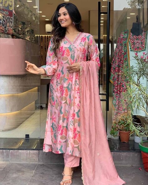 Women Floral Print Straight Kurta Suit Set