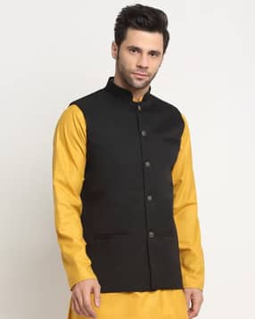 Men Mandarin Collar Nehru jacket with Insert Pockets-image-34