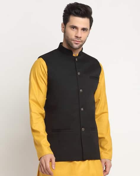 Men Mandarin Collar Nehru jacket with Insert Pockets