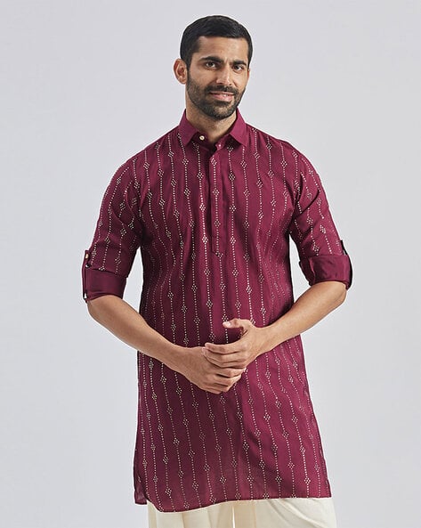 Men Printed Regular Fit Long Kurta with Mandarin Collar
