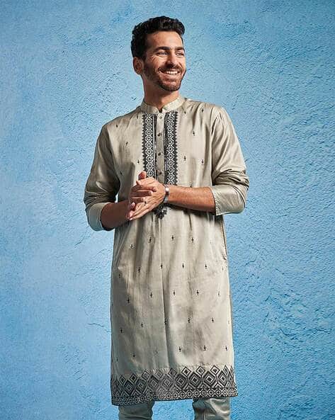 Men Embroidered Regular Fit Long Kurta with Mandarin Collar