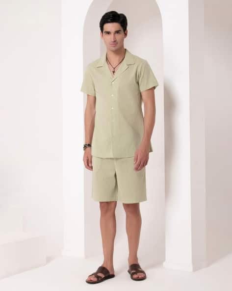 House Of S Men Cotton Shirt & Shorts Set For Men (Green, S)