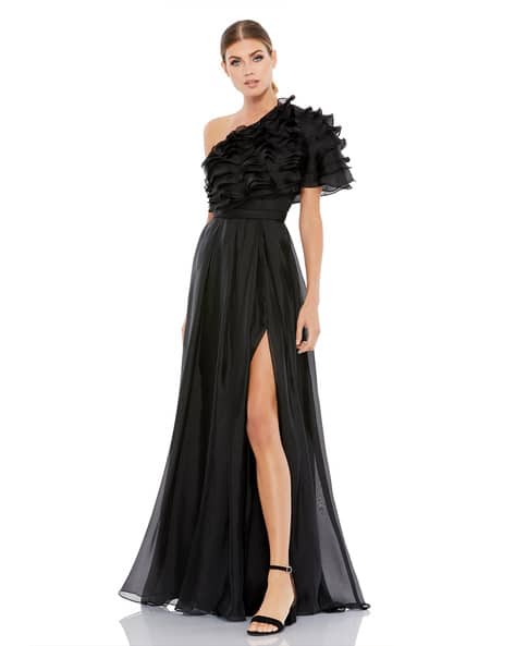 Buy Mac Duggal Women Ruffled Gown with Slit Black Color Women