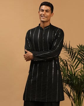 vastramay Men Embroidered Regular Fit Long Kurta with Mandarin Collar-picture-16