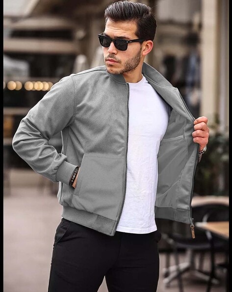 Men Zip-Front Regular Fit Bomber Jacket