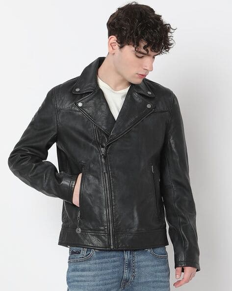 SUPERDRY Heritage Biker Premium Leather Jacket deal from ajio
