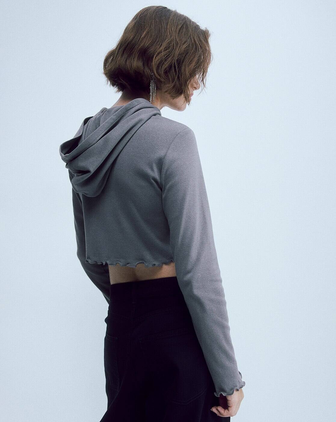 mschf SIDE BUTTON UP CROP HOODIE GREY