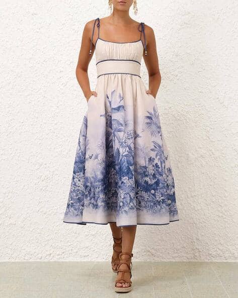 Buy Zimmermann Wylie Picnic Floral Fit & Flare Dress | Blue Color Women |  AJIO LUXE
