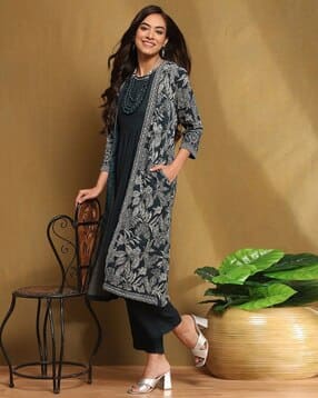 biba Women Kurta with Palazzos & Leaf Print Shrug-picture-34