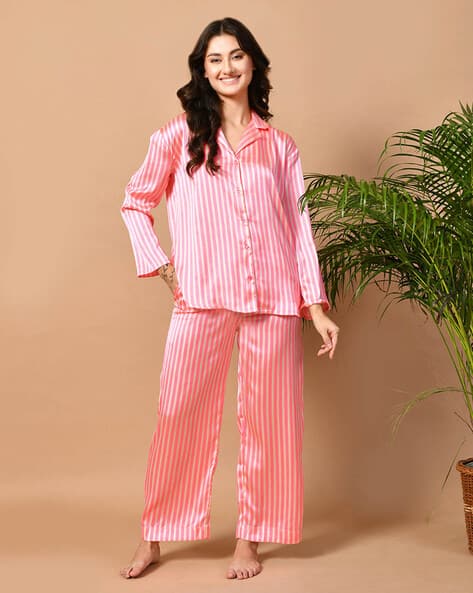 Women Striped 2-Piece Shirt with Pyjamas Set - Main Image