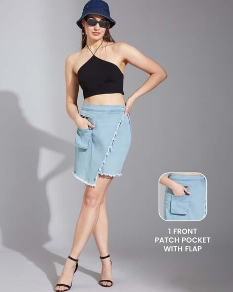 Ajio Denim Wrap Skirt Elastic Women Denim Wrap Skirt With Pockets
