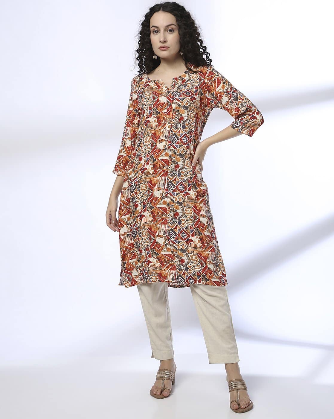 AVAASA MIX N' MATCH Women Geometric Print Straight Kurta For Women (Rust, XS)