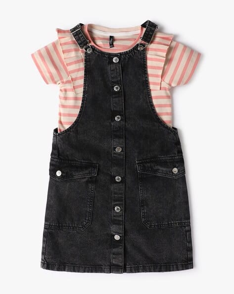 Girls Regular Fit Pinafore Dress with Striped T-Shirt