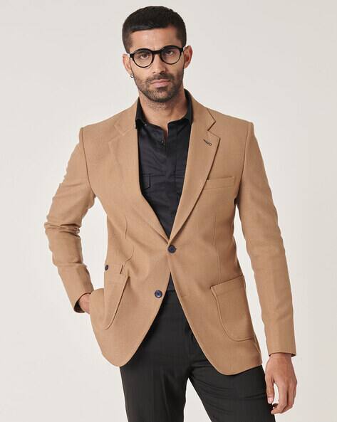Brown Mens Slim Fit Khaki Blazer Slim Fit Single-Breasted Blazer