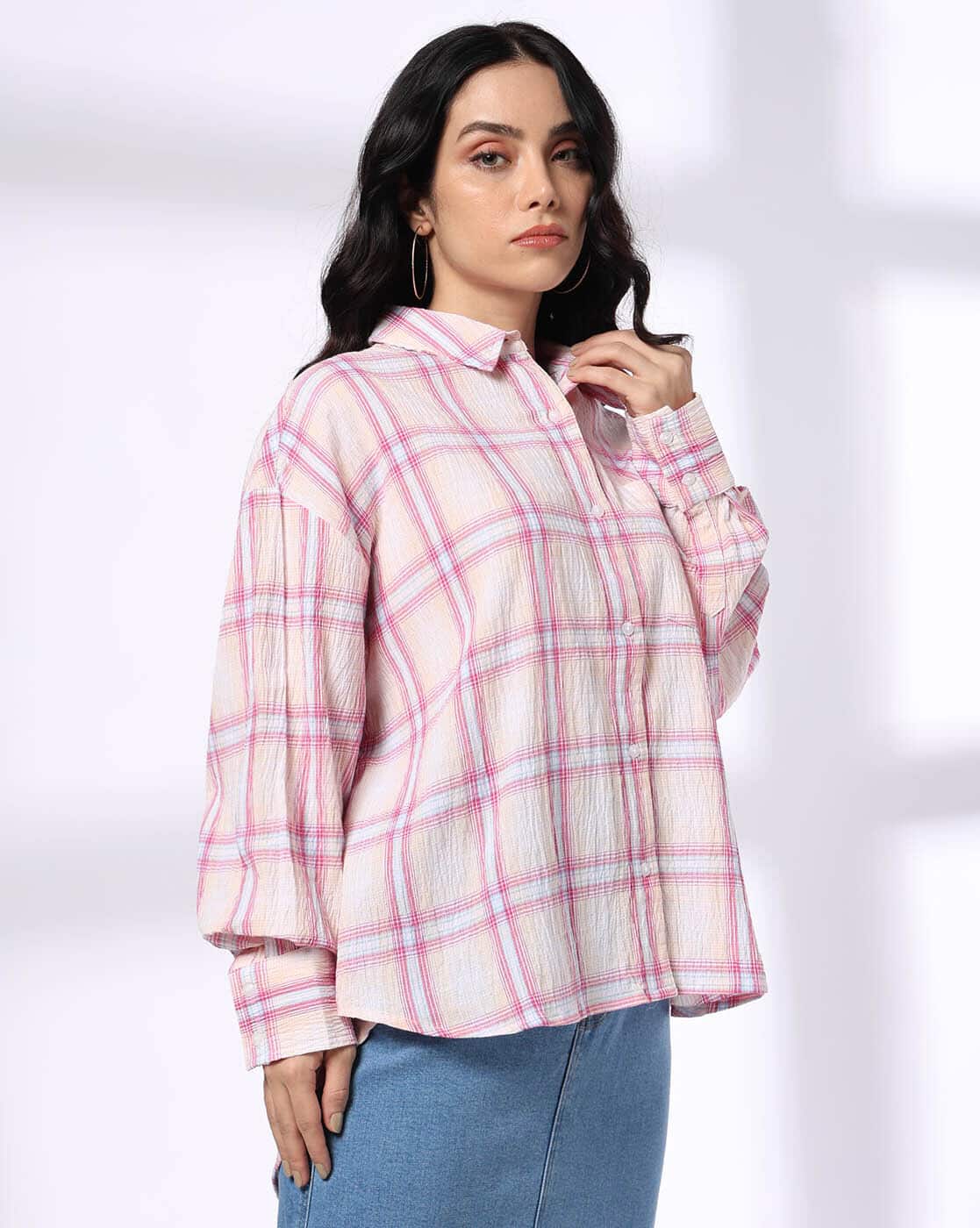 【U LAN】Vintage Peach Oversized-Fit Checkered Shirt Buy Pink Shirts for Women by LEE COOPER Online | Ajio.com