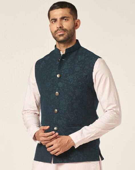 Men Slim Fit Floral Print Waistcoat with Patch Pockets