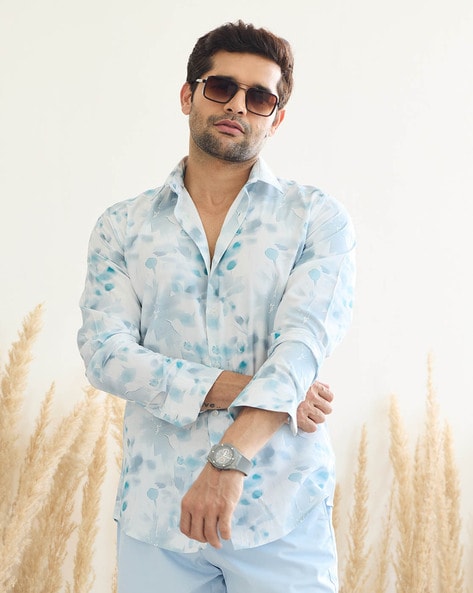 Mr Button Leaf Print Slim Fit Shirt