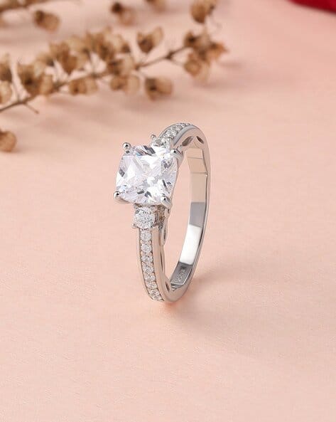 925 Sterling Silver Cushion Cut American Diamond Solitaire Ring