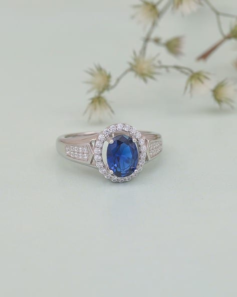925 Sterling Silver Oval Blue Sapphire and American Diamond Ring