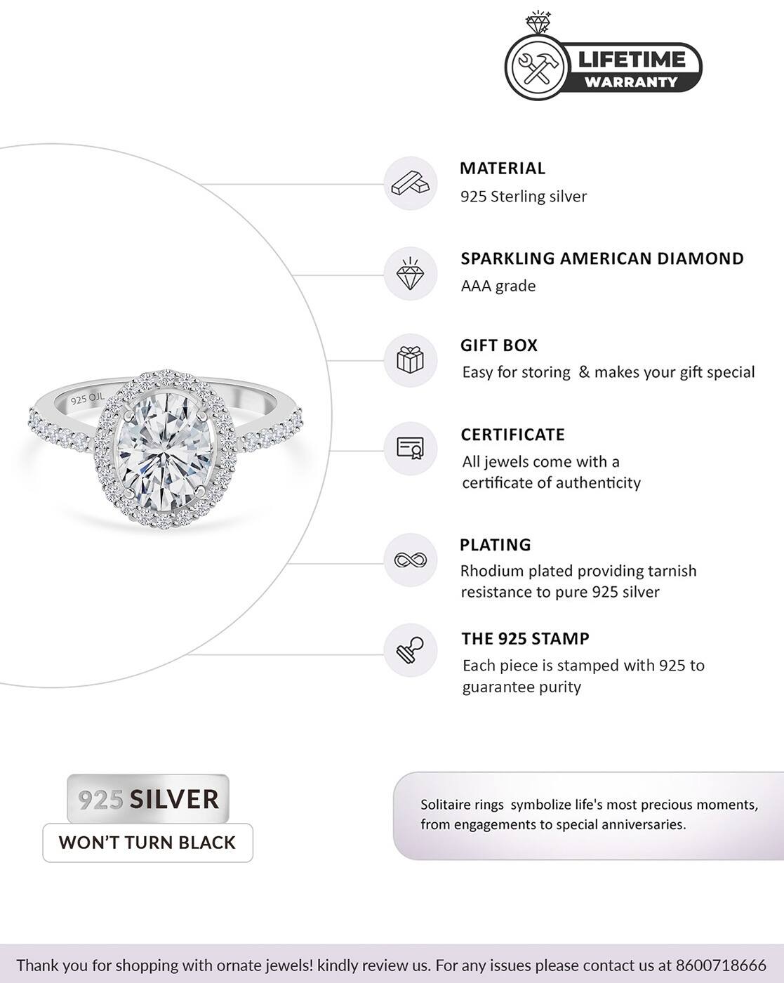 925 Sterling Silver Oval Shape American Diamond Solitaire Ring