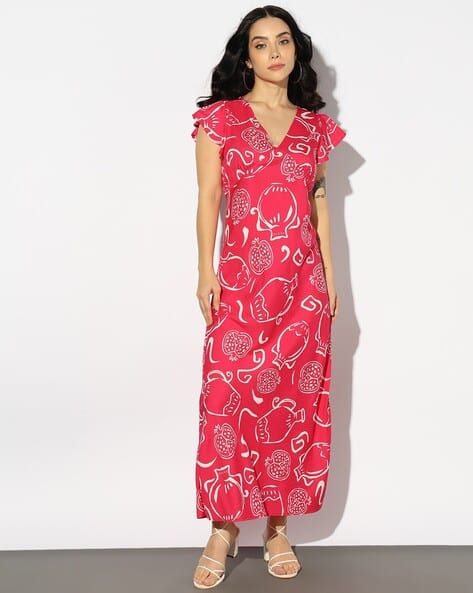Outryt by AZORTE Printed V-Neck Ruffle Short Sleeve Dress