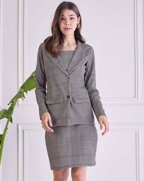 Suit Women's Grey Plaid Blazer Women Checked Blazer With