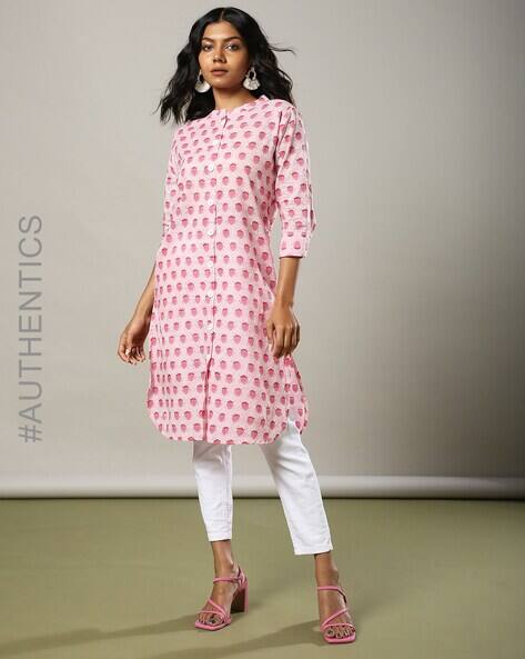 Indie Picks Handblock Print Cotton Collared Straight Kurta with Pocket