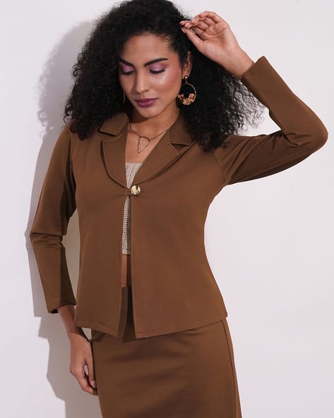 Women Notch Lapel Stretchable Workwear Blazer Jacket