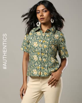 indie picks Handblock Print Cotton Straight Shirt-picture-25
