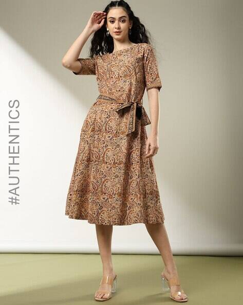 knee length dresses for ladies Buy Beige Kalamkari Block Print Cotton Midi Dress Online at SeamsFriendly main image 1
