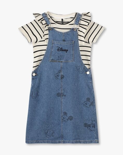 Girls Denim Pinafore Dress with Striped T-Shirt