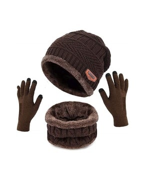 Men Cable-Knit Winter Beanie Cap with Gloves & Mask-image-3