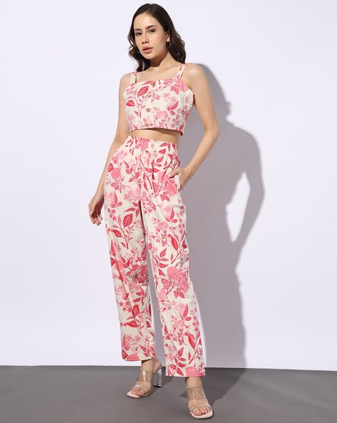 Svrnaa by AZORTE Floral Print Crop Top & Pants Co-Ord Set